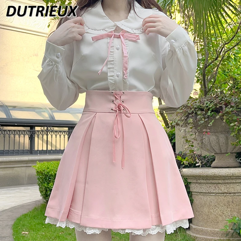 

Sweet Kawaii Lolita White Shirt Skirt Set Women Japanese Sweet Slim Waist Short Skirts Cute Sister Girl JK Lace Pleated Skirt