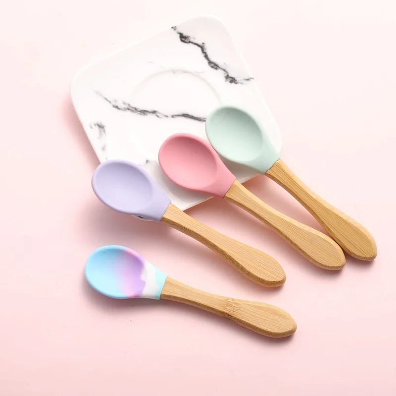 

Feeding Wooden Handle Silicone Spoon for Baby Utensils Kid Training Eat Solid Food Dishes Spoon Fork Children's Tableware