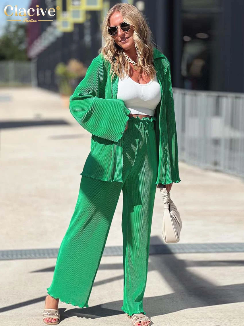 

Clacive Autumn Loose Green Pleated Ruffle Wide Trouser Suits Fashion Long Sleeve Blouses Two Piece Pants Sets Womens Outifits