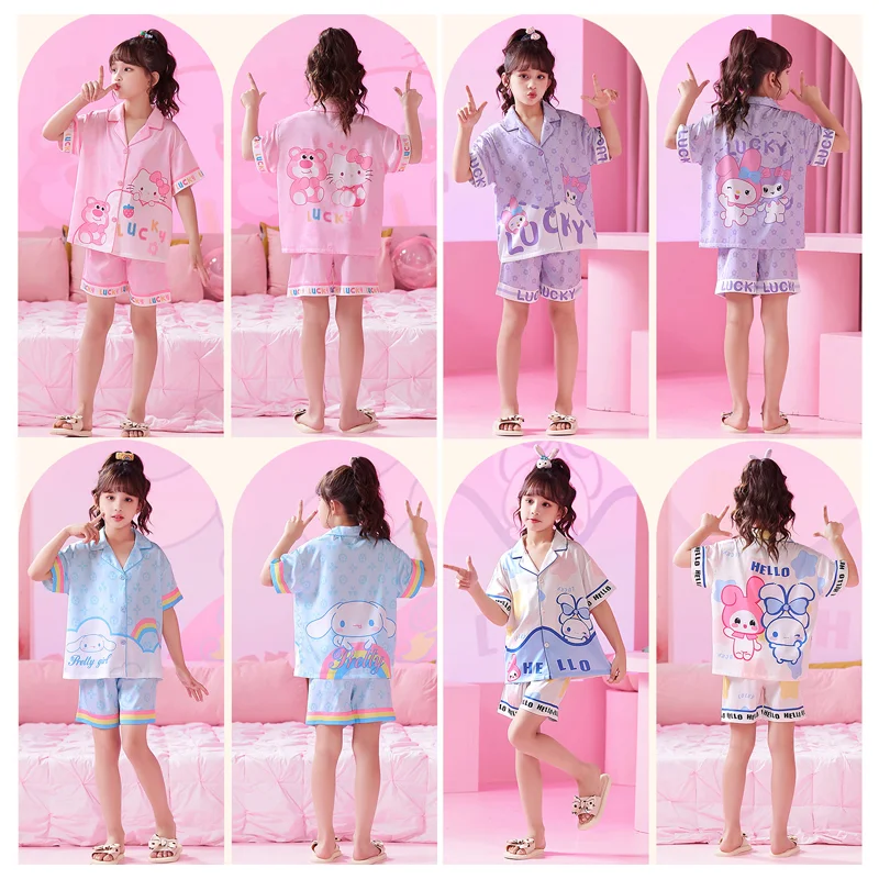 

Kawaii Sanrios My Melody Cinnamoroll Kuromi Детская летняя ледяная Шелковая пижама комплект милые шорты с коротким рукавом из мультфильма домашняя одежда