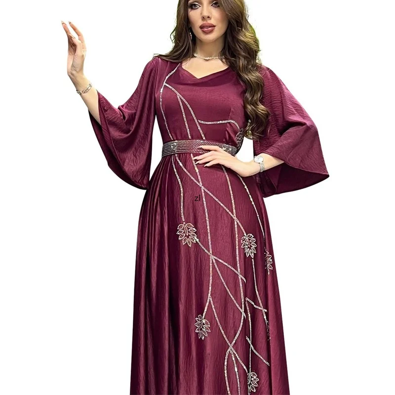 

Turkey Muslim Dress Women Abaya Diamond Lace-up Party Dresses Moroccan Kaftan Ensemble Femme Musulmane Jilbab Hijab Vestidos