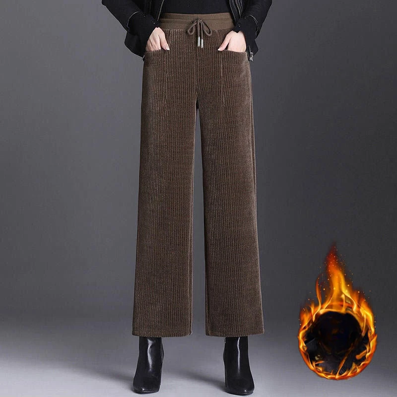 

2024 Women Autumn Winter New Plus Velvet Wide-leg Pants Female High Waist Straight Pants Ladies Loose Thick Warm Trousers O629