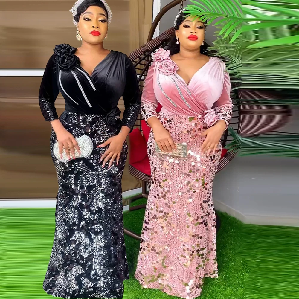 

MD Plus Size African Party Dresses For Women Turkey Maxi Robe 2023 Dashiki Ankara Sequin Evening Gowns Ladies Africa Clothing
