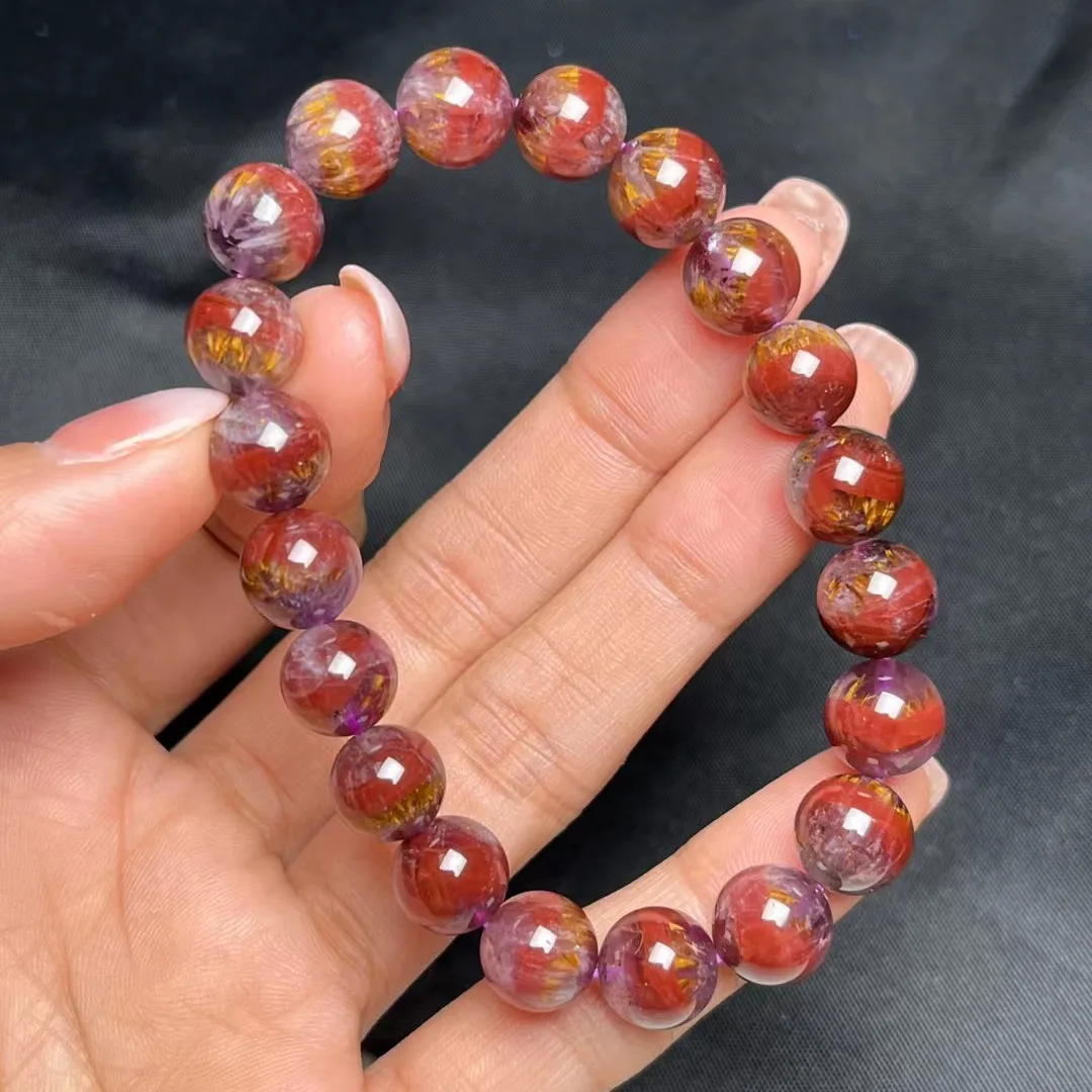 

Natural Red Auralite 23 Cacoxenite Round Beads Bracelet Women Men Gold Rutilated 9.5mm Canada Stretch Rarest Jewelry AAAAA