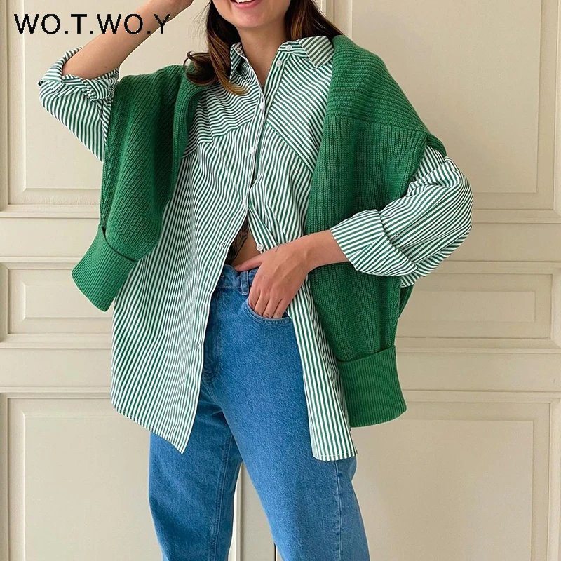 

WOTWOY Casual Loose Buttons Striped Blouses Women Summer Spliced Long Sleeve Single Breasted Shirts Female Office Lady 2022 New