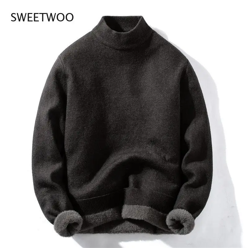2022 Men's sweater plus velvet thickening half-high collar autumn and winter Korean style slim bottoming sweater sweater trend
