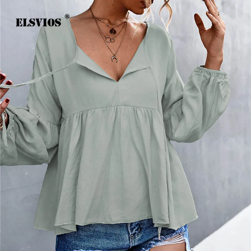 

Spring Summer Ladies High Fashion Long Sleeves V Neck Blouses Solid Color Casual New Lace-up Loose Lantern Sleeves Slim Pullover