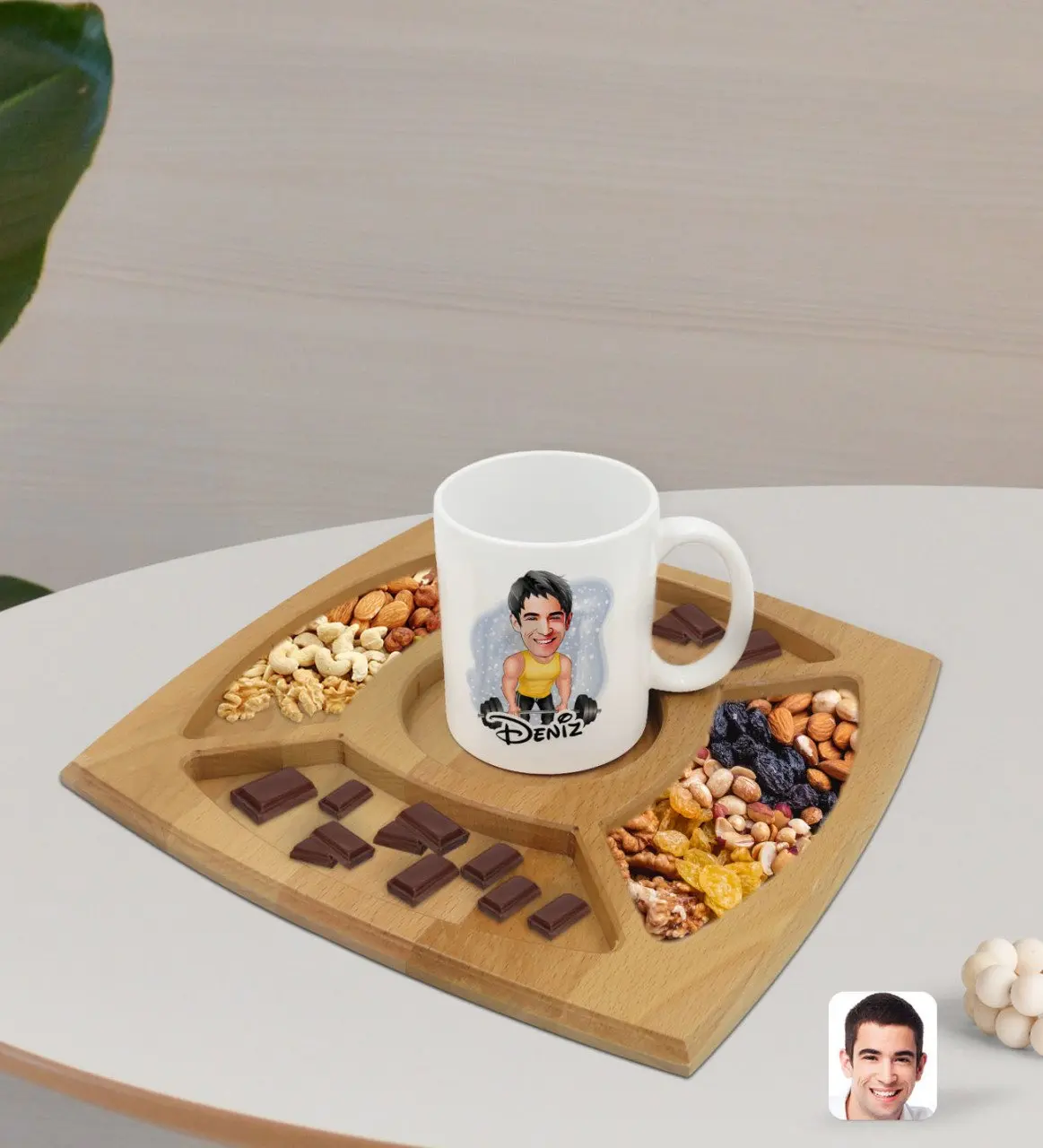 

Персонализированные мужские весы, белая кружка карикатюлю и натуральная Массив дерева, 4 отделения, презентация, таб, конфетница, подарок