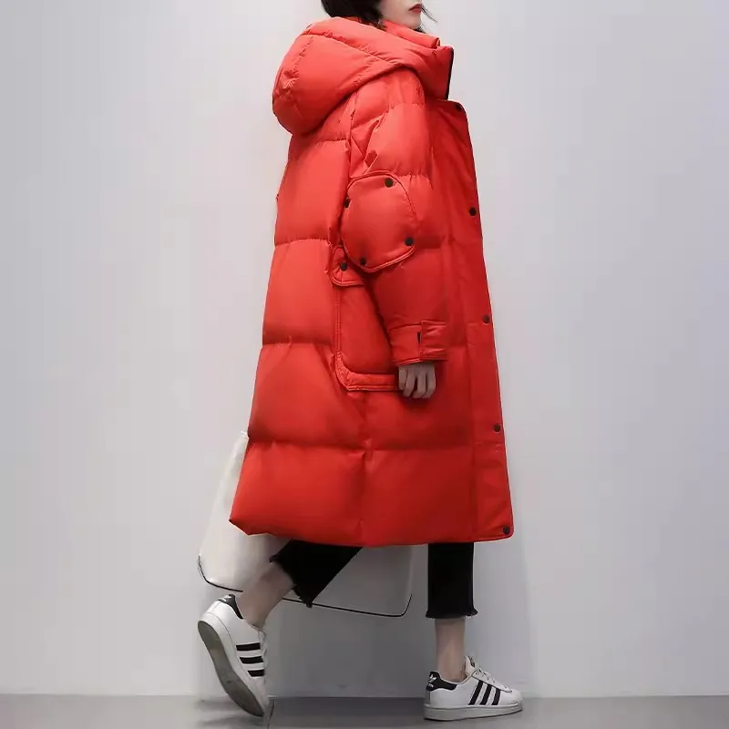 

Red White duck Down Parka Jacket Women's 2023 Winter New Korean Loose Ladies Hooded down Coat Female Long Loose Thicken Parkas