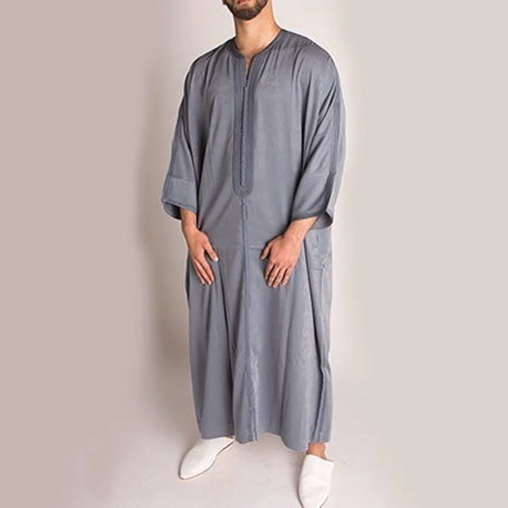 

Abaya For Men Grey Arabic Dubai Islamic Pakistan Ethnic Robe Men's Long Shirt Muslim Robe Pullover Saudi Arabia Loose Abaya