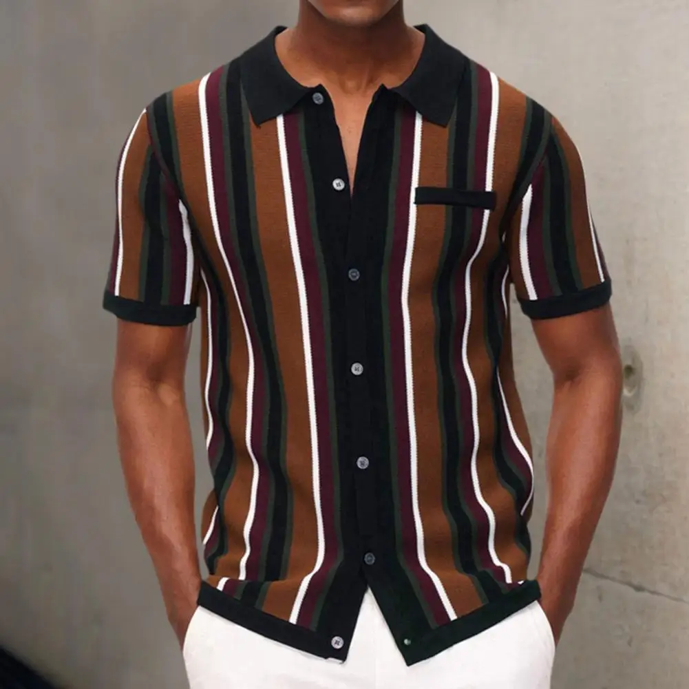 

Knitted Sweater Mens Vintage Striped Shirt Fashion Casual Luxury Shirt Short Sleeve Hawaii Shirts For Men Blusas Camisa Masculin