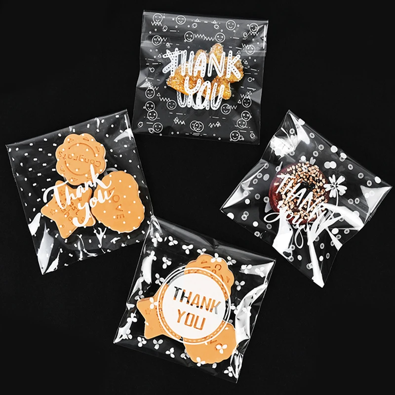 

100pcs Mixed Transparent Plastic Bag Thank You Dot Flower Cookie Gift Bags Self-Adhesive DIY Biscuits Snack Baking Package Decor