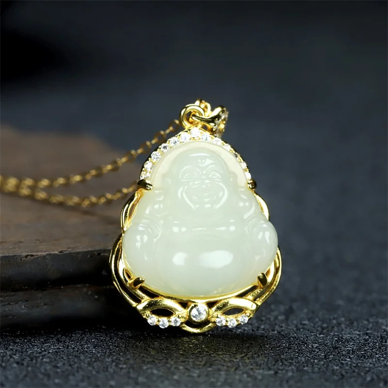 

Hot Selling Natural Hand-carve 925 Silver Ancient Gold Hetian Jade Buddha Necklace Pendant Fashion Jewelry Men Women Luck Gifts1