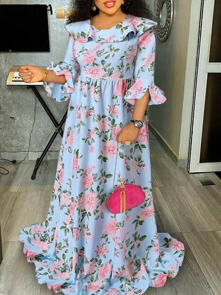 

Summer 2022 Women Sundress VONDA Casual 3/4 Sleeve Holiday Ruffled Dress Floral Print Pleated Party Maxi Vestido Femininas