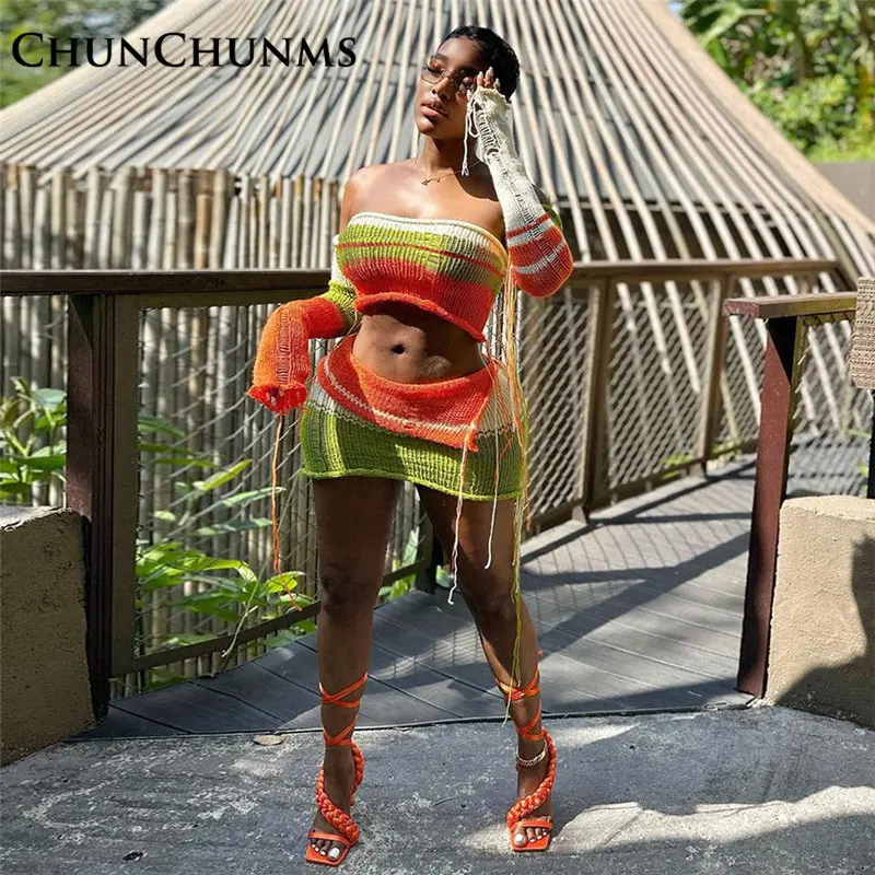 

Knitted Contrast Color Wrap Chest Vest Top Pack Hip Tight Short Skirt 2 Piece Women Set Sexy Summer Vacation Matching Suit 2023