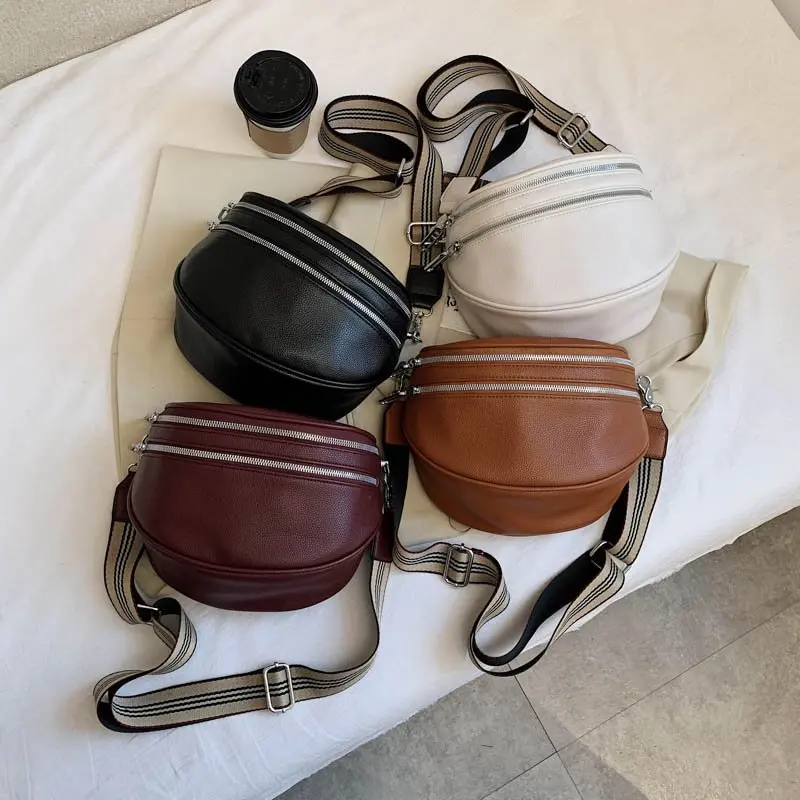 Women Crossbody Fashion Shoulder Bag Wide Strap Soft Leather Female Messenger Bag For Ladies High Quality Semicircle Saddle Bags