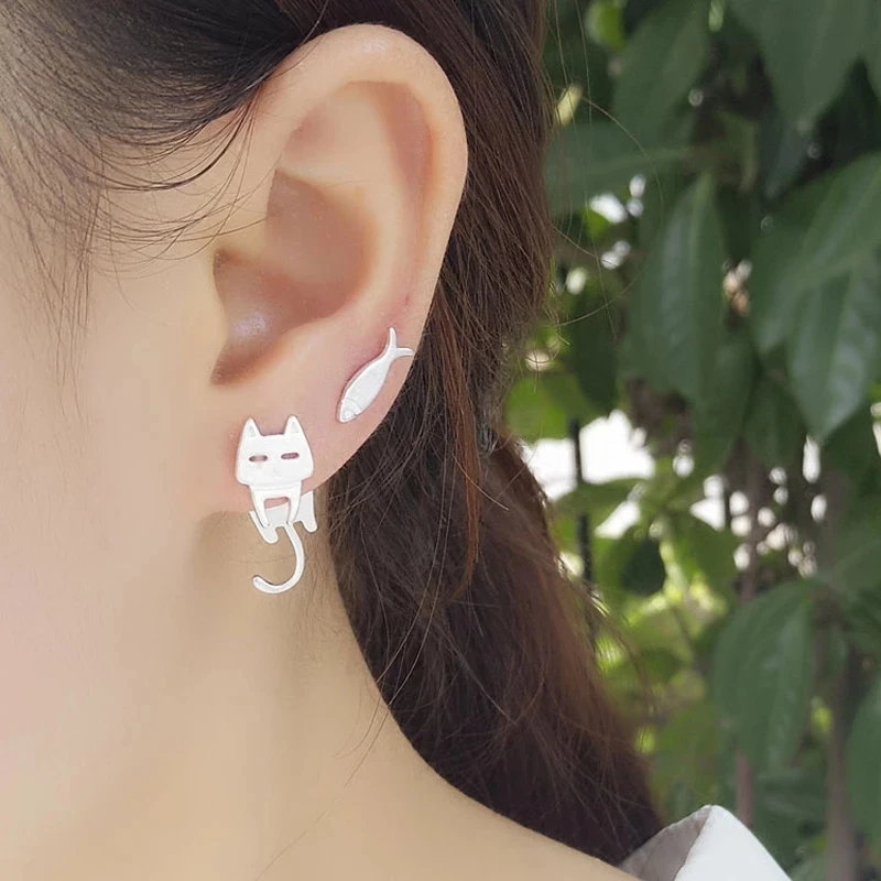 2022 Cute Cat and Fish Stud Earrings for Women Asymmetric Design Unusual Earrings Girls Gift Prevent Allergy 2PC Fashion Jewelry