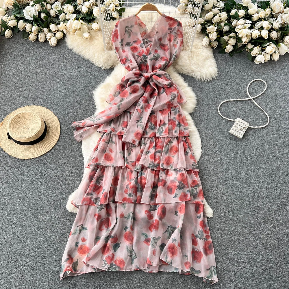 

Новинка лета 2022, стройнящее шифоновое платье с высокой талией и V-образным вырезом, без рукавов, с цветочным принтом