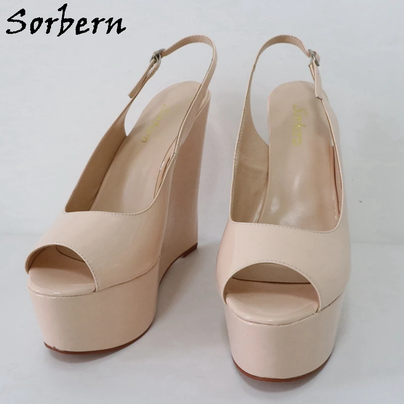 Sorbern Nude Patent Women Pump Shoes Slingback Open Toe High Heels Platform Narrow Wedge Heels Customized Shoes Unisex Size EU45