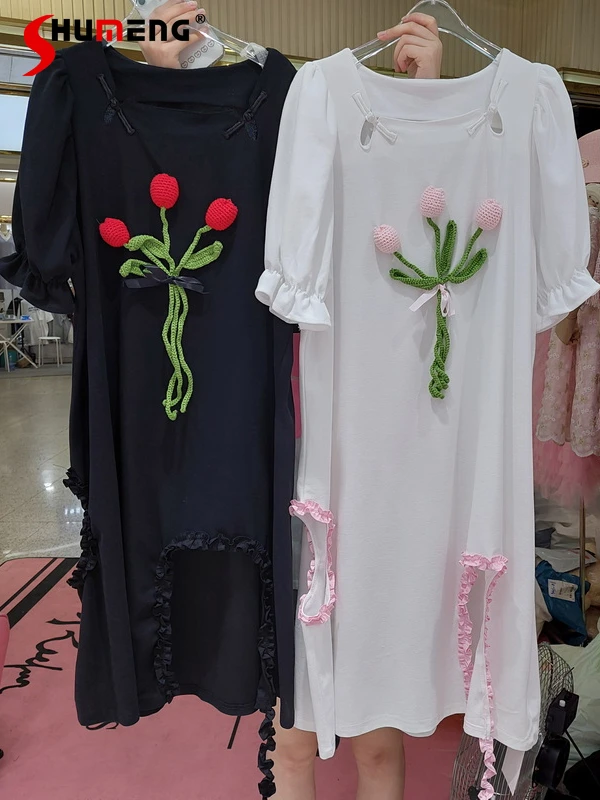 

Korean Style Fashion Sweet Hollow-out Buckle Square Collar Dress Women's 2022 Summer New Fairy Stitching Irregular Lace Dress