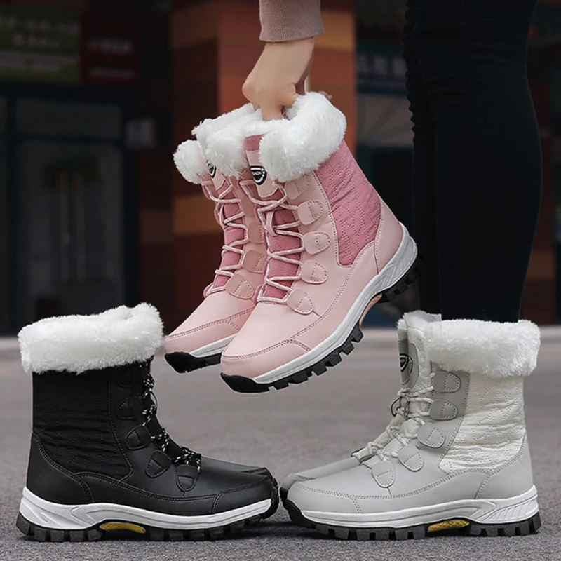 Winter Women's Snow Boots Thickened Plush Warm Anti-skid Hiking Ski Mid-calf Shoes Wearable Outdoor work Boot Large Size 36-42