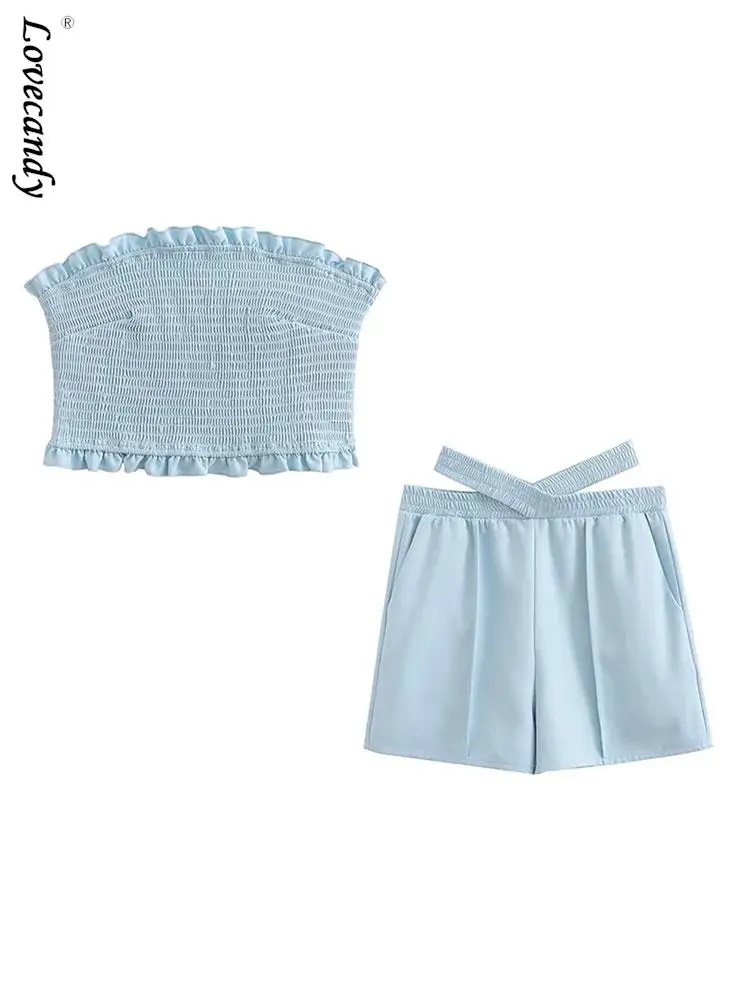 

Женский плиссированный костюм из двух предметов, короткий Топ без бретелек, с открытыми плечами и высокой талией, комплект из двух предметов, лето 2023