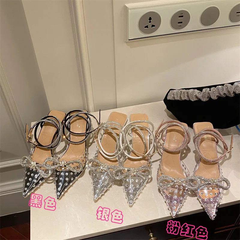 

Сандалии женские прозрачные с острым носком, высокий каблук, ремешок на щиколотке, 6 см, 39 40