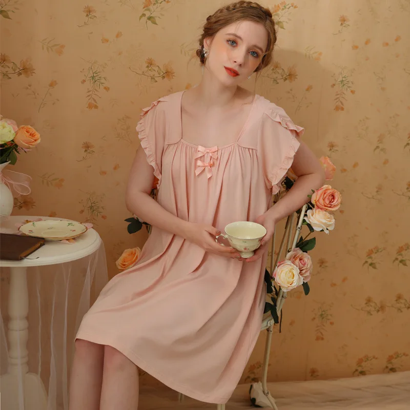 Roseheart Sumnmer New Women Homewear Pink Sexy Sleepwear Nightdress cottoon Nightwear Luxury Court Homewear Court Gown Nightgown