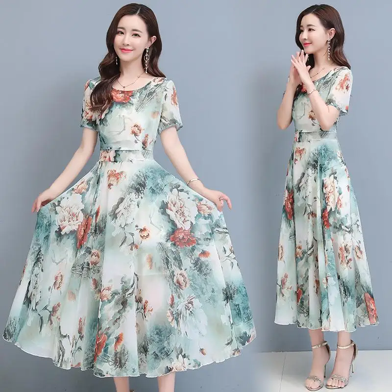 

Women Summer Dress Fashion Round Neck Short Sleeves Midi Skirt Sweet Floral Printing A-line Skirt