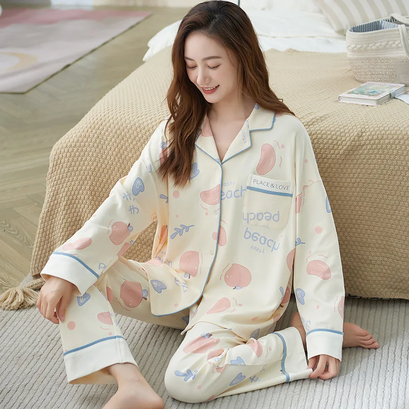 Pajamas Long-Sleeved Female Temperament Spring And Autumn Lapel Cotton Women's Pajamas Cardigan Sweet Thickened Home Pajama Sets