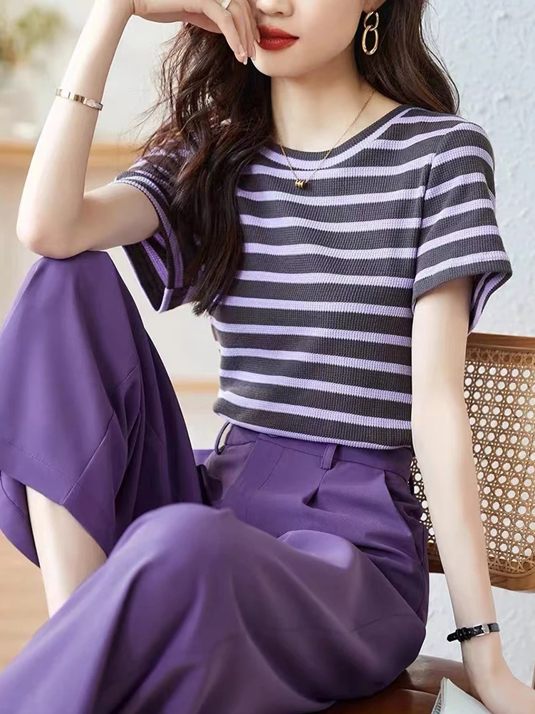

Striped Casual Two Piece Set 2023 Summer O Neck Short Sleeve T shirt Pants Set 2PCS Office Lady Female Outfit Korean