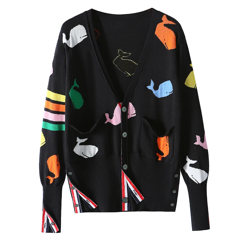 

tb color small whale jacquard outer jacket spring and autumn long-sleeved knitted cardigan women's thin section