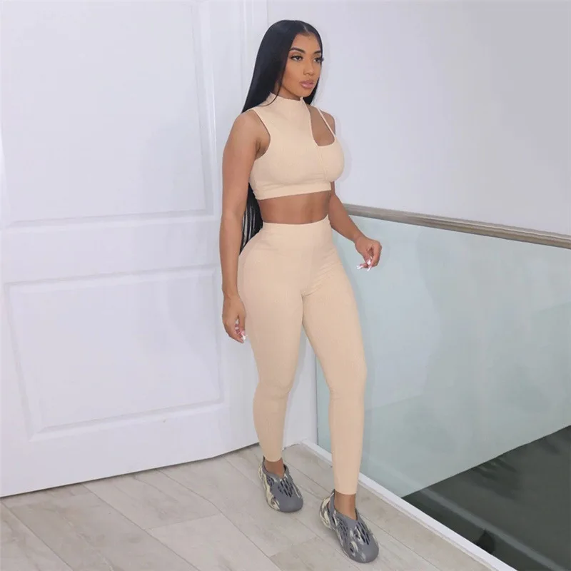 

Summer Sexy Ribbed Two Piece Set Women Solid Mock Neck Sleeveless Hollow Out Crop Tops+ Simple Sporty Pants Acctivewear Outfits