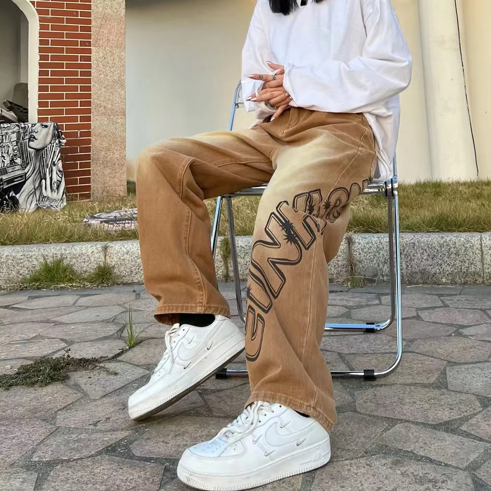 Men's Jeans Ins American Fashion Fun Printing Loose Straight Jeans Y2k Korean Version Fashion Street Jeans Ins Hot Sale Casual
