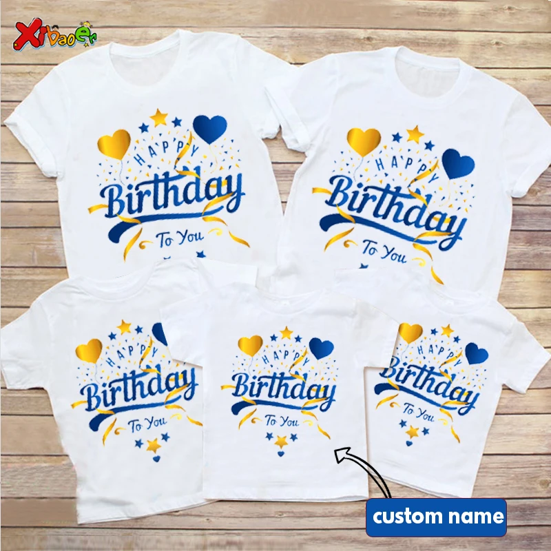 Happy Birthday T Shirt Matching Family Outfits Blue Gold Shirts Women Party Custom Name Shirt Children Baby Clothes Family Look