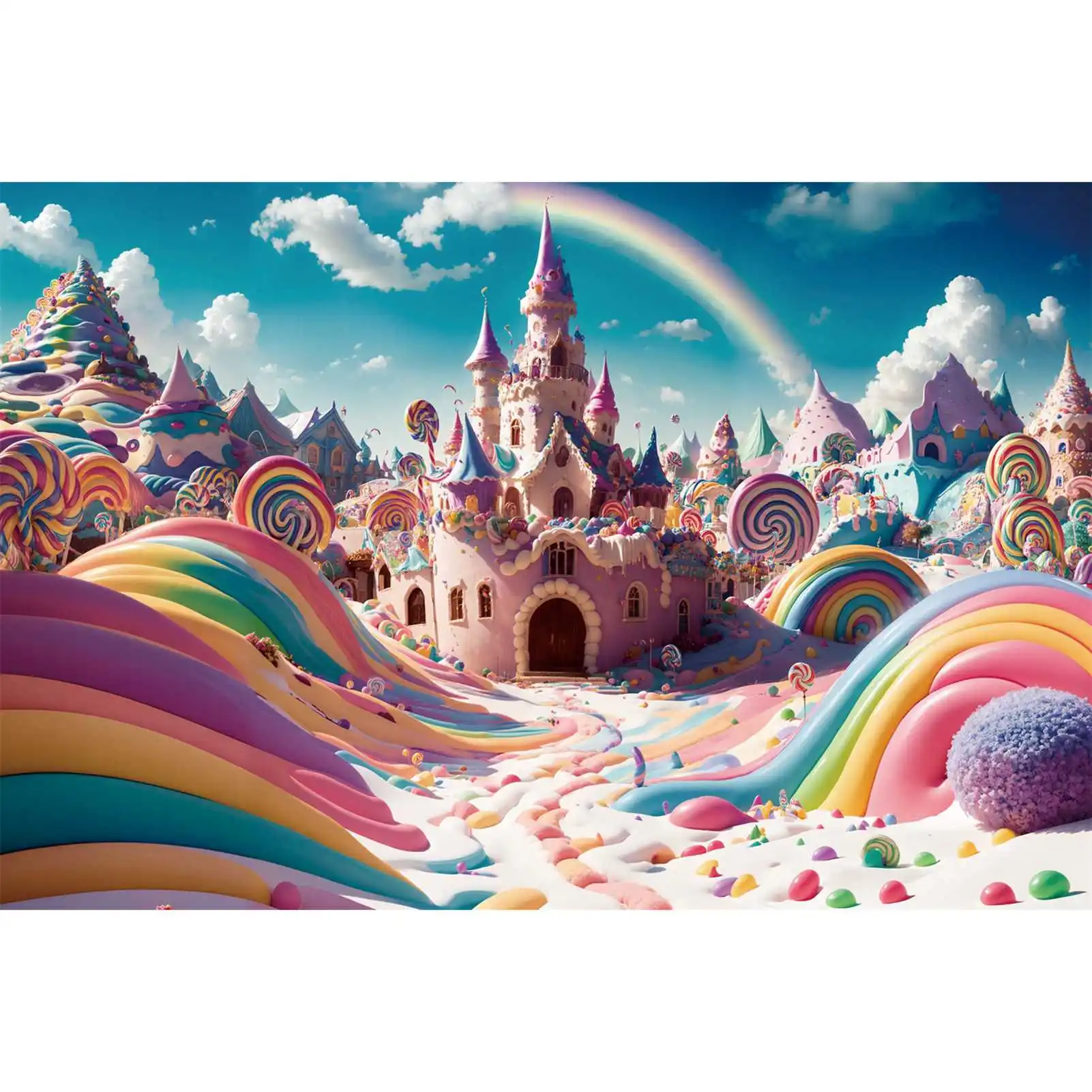 

Cream Candyland Birthday Photography Backdrops Lollipop Cake Castle Clouds Sky Rainbow Custom Kids Photographic Backgrounds