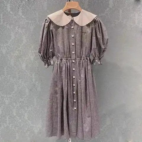2022 Summer MIU Dress Sweet Temperament Doll Collar Puff Sleeves Plaid Dress Over The Knees Waist Holiday Dress with Tag