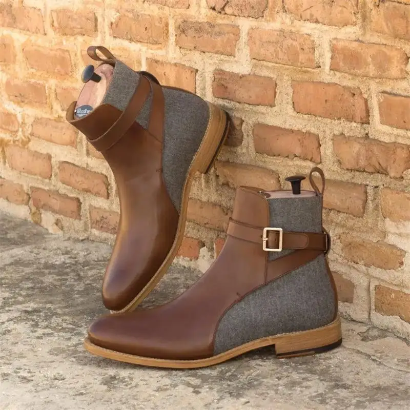 

New Men Ankle Boots PU Color Matching Classic Business Casual Wild Faux Suede Stitching Buckle Fashion Men Shoes CP040
