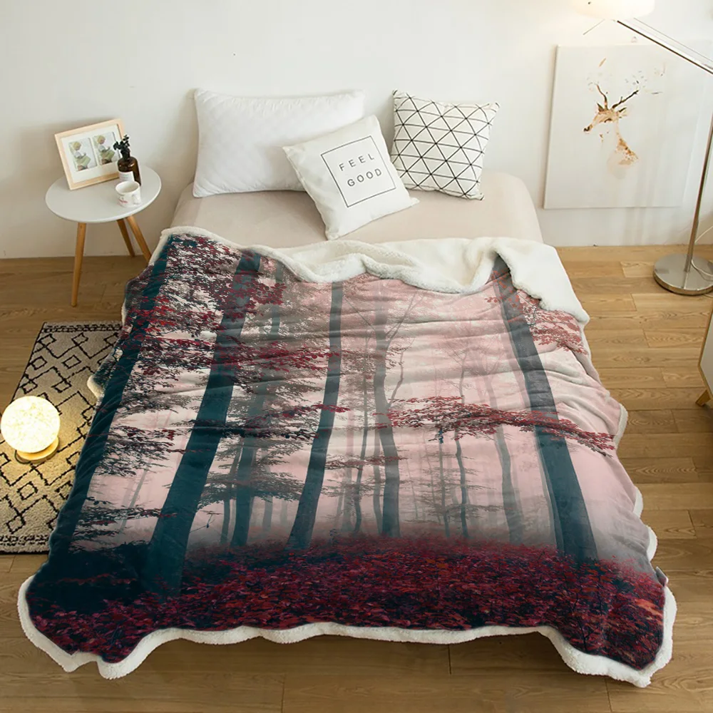 

Красное зимнее шерстяное плюшевое одеяло с загадочным лесом, толстое Флисовое одеяло для путешествий, офиса, дивана, кровати, покрывало