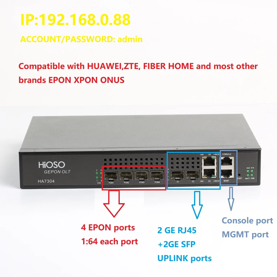 Hieo MINI 4PON EPON OLT 4-портовый телефон оригинальный производитель совместимый с HUAWEI ZTE