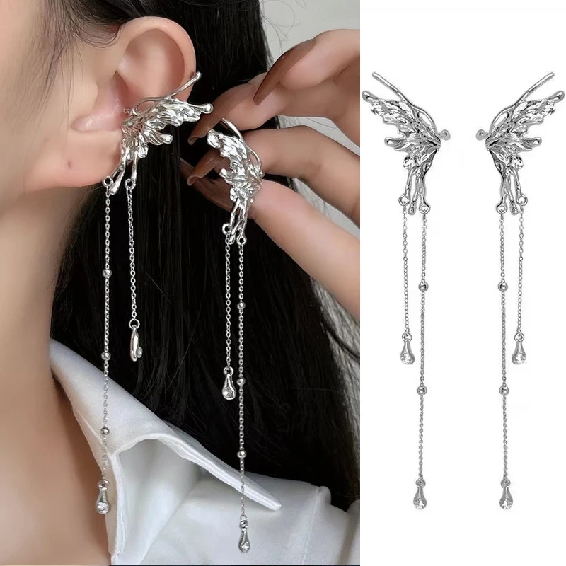 

17KM Fashion Silver Color Metal Angel Wings Tassels Ear Clips Liquid Metal Butterfly Long Ear Cuff For Women Trendy New Jewelry