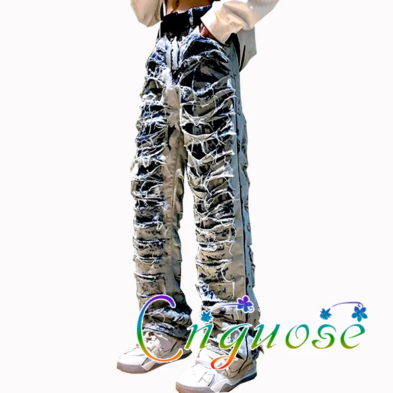 Мешковатые джинсы 2023 мужские уличная одежда с бахромой и дырками винтажные