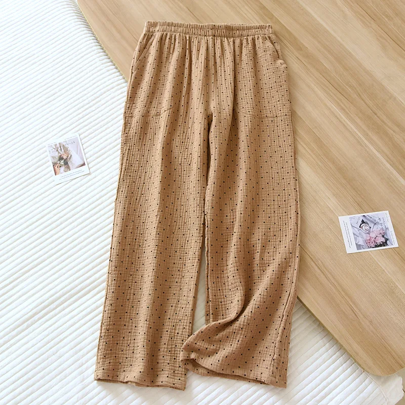 2023 Summer New Women's Capris 100% Cotton Crepe Printed Pajama Pants Thin Wide Leg Pants Loose Large Home Pants Pajama Pants