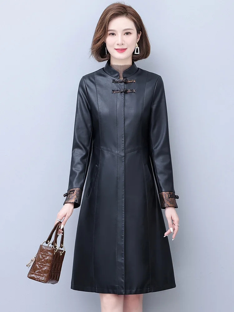New Women Leather Trench Coat Spring Autumn Casual Fashion Stand Collar Slim Outerwear Split Leather Long Tops Coat Winter