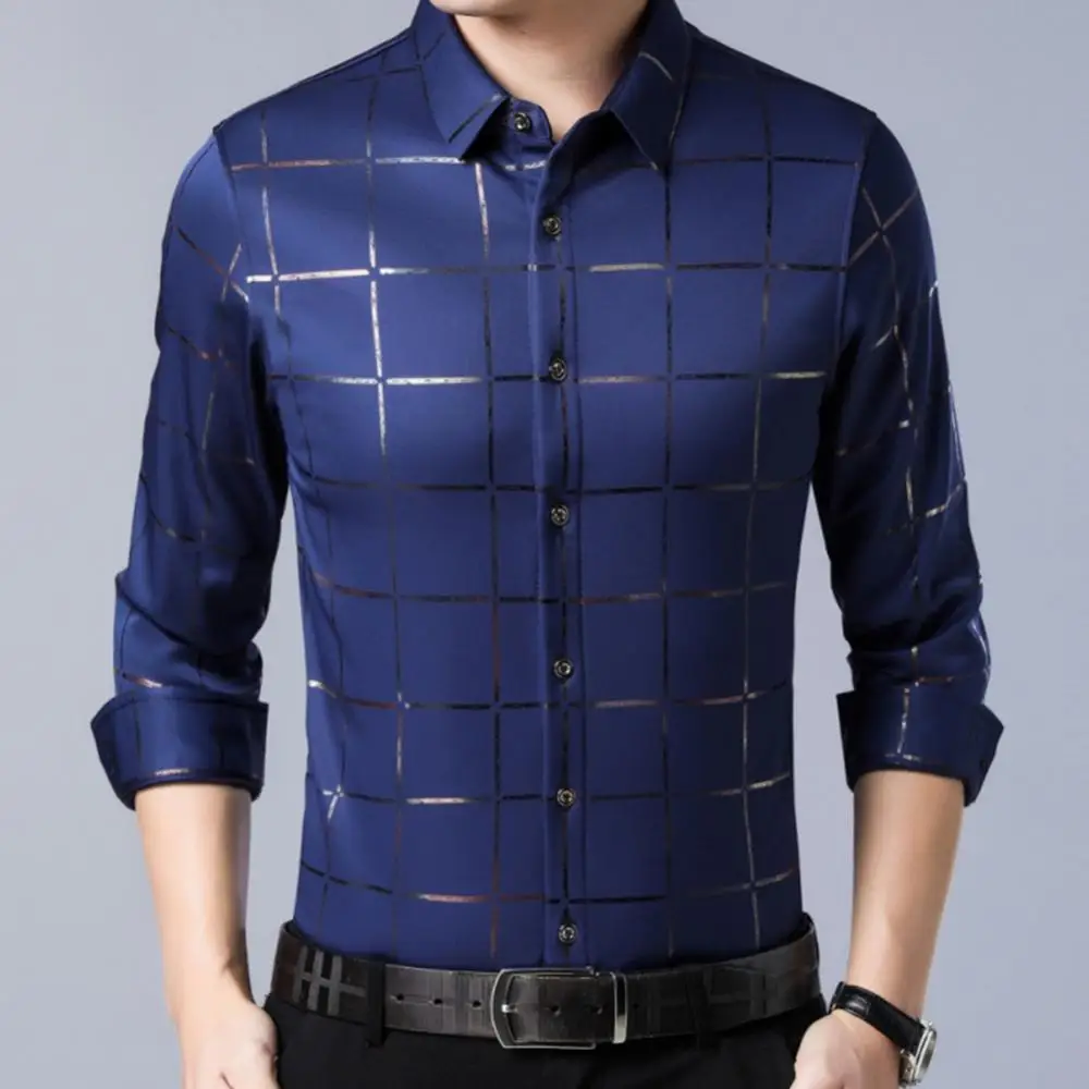 

Men Buttons Casual Long Sleeve Turn Down Collar Shirt Slim Plus Size Checks Shirt