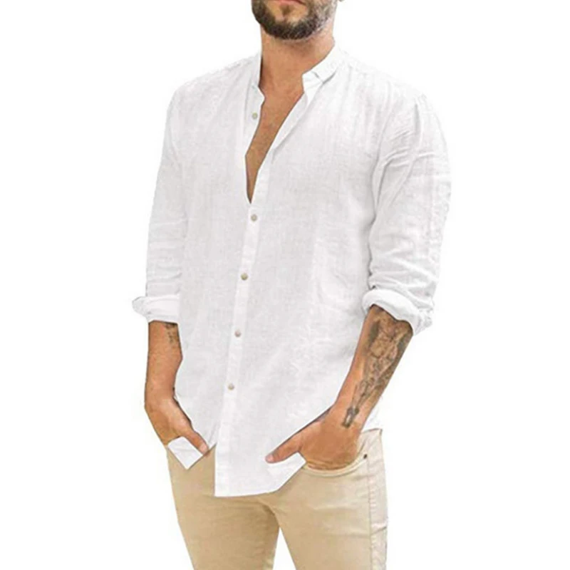2022 new European and American men's loose linen cardigan solid color casual stand-up collar long-sleeved shirt comfortable