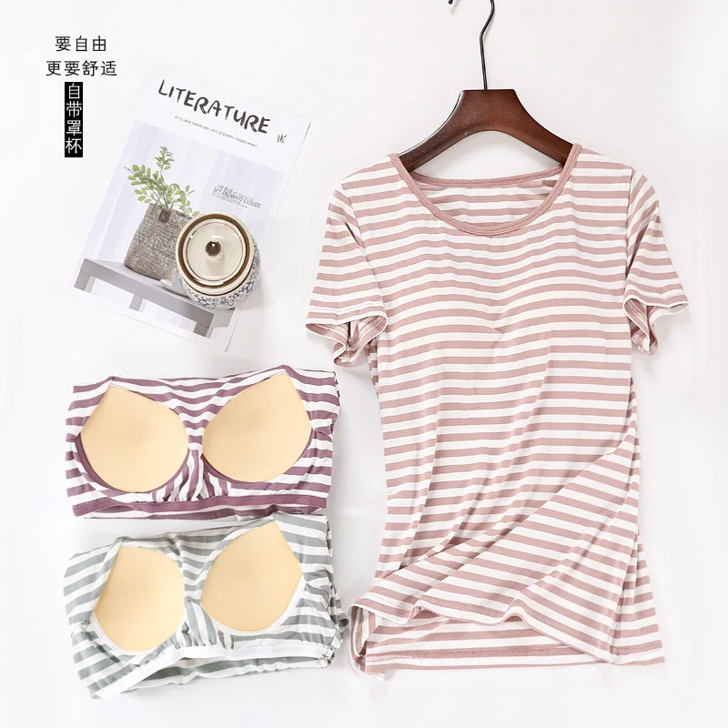

Chest Pad Women Striped Round Neck Sleep Tops Nightwear Modal Home Clothing T-Shirt Homewear Short Sleeve Summer Outside