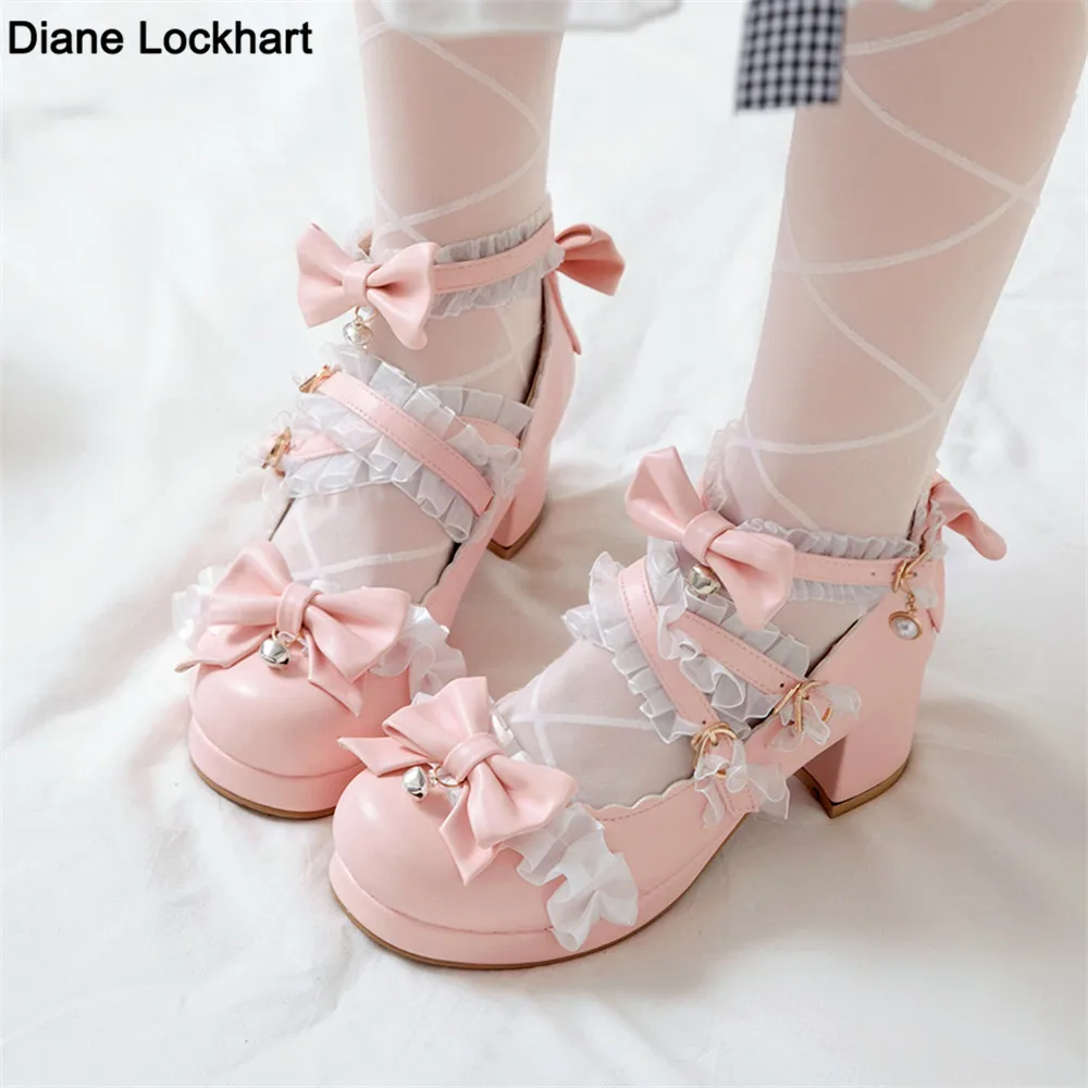 

Women High Heels Cross Strap Mary Jane Pumps Party Wedding White Pink Black Ruffles Bow Princess Cosplay Lolita Shoes 31-43