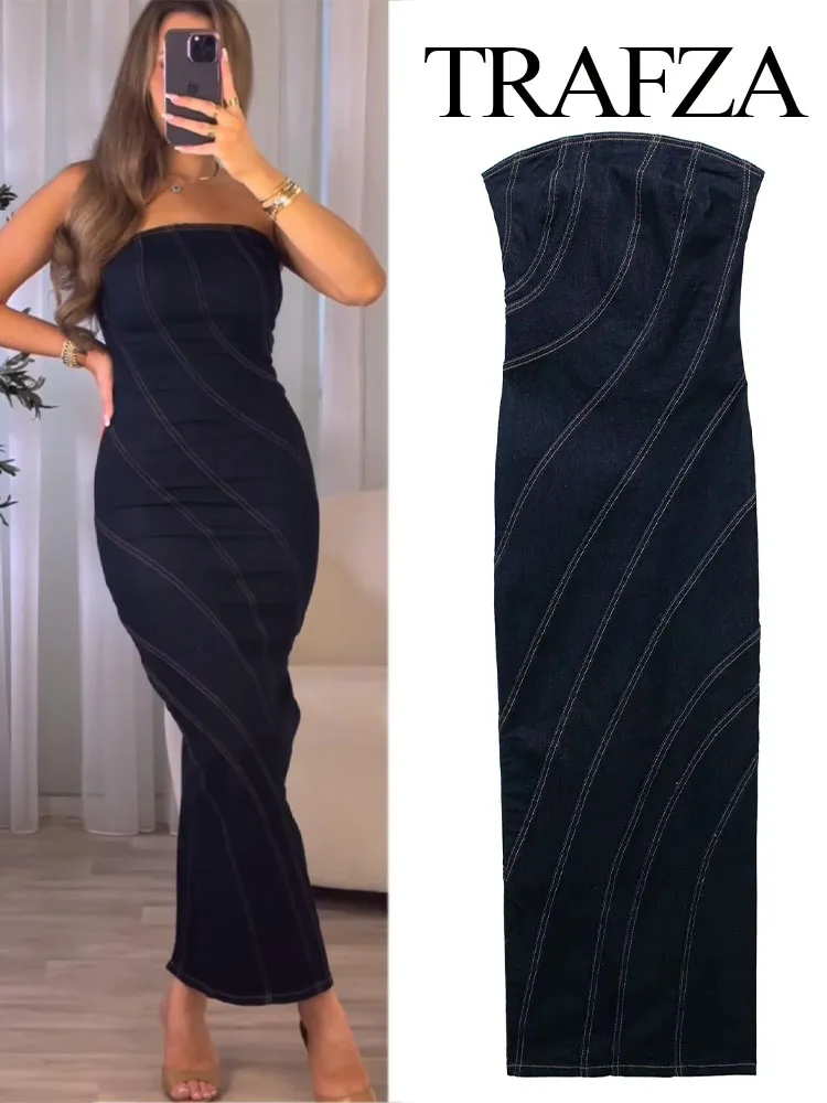 

TRAFZA Women Sexy Strapless Backless Zipper Split Dress Party Denim Female Long Dress for Women Clothes Summer Evening Dresses