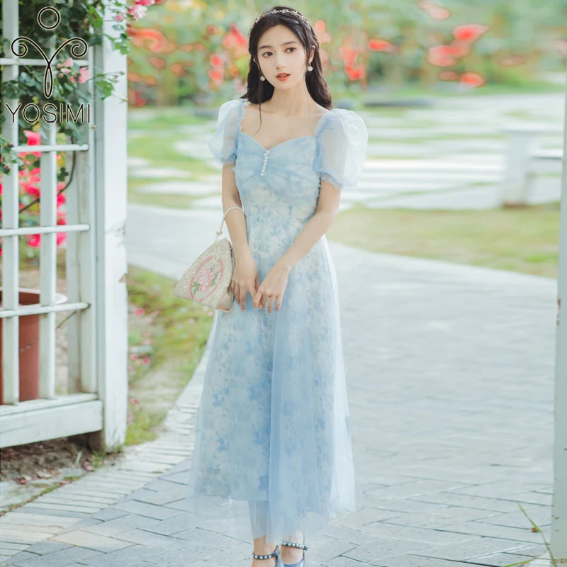

YOSIMI Long Women Dress Elegant 2022 Summer Vintage Print Blue Mesh Mid-calf A-Line Short Sleeve Evening Party Long Dress Female